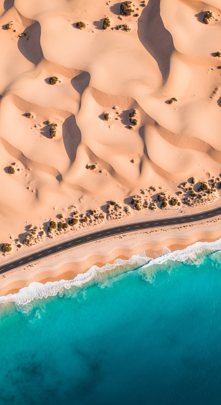 Overhead Aerial View of Desert Dunes, Coastal Road, and Turquoise Ocean Shoreline - Free 4K mobile Wallpaper