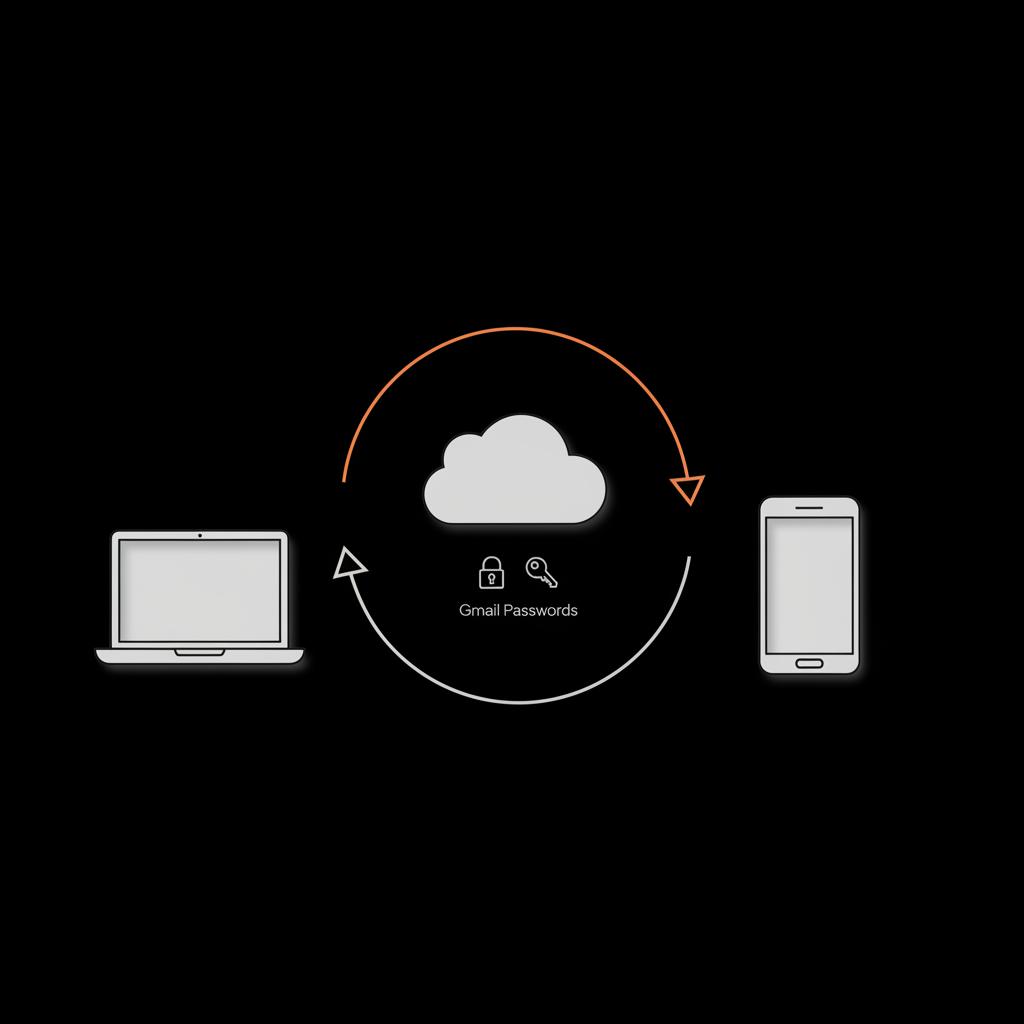 Minimal vector sync infographic of laptop, phone, and cloud with arrows illustrating saved Gmail passwords across devices on a black background with light gray elements and orange accents.