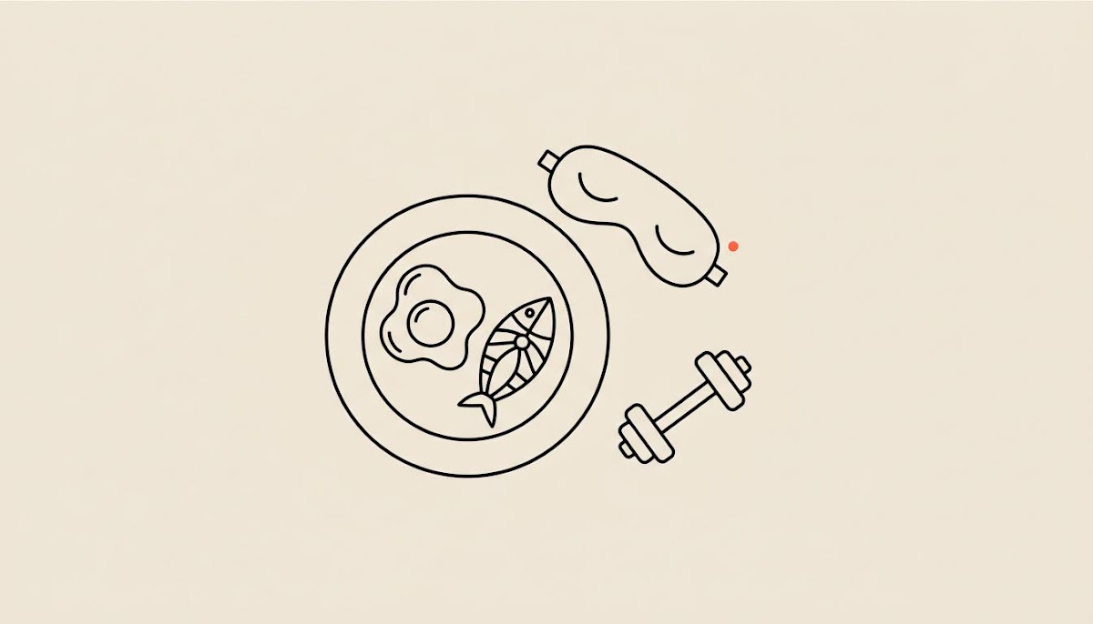Minimalist vector line illustration of a plate with protein, dumbbells and a sleep mask representing dieting after menopause on a beige background