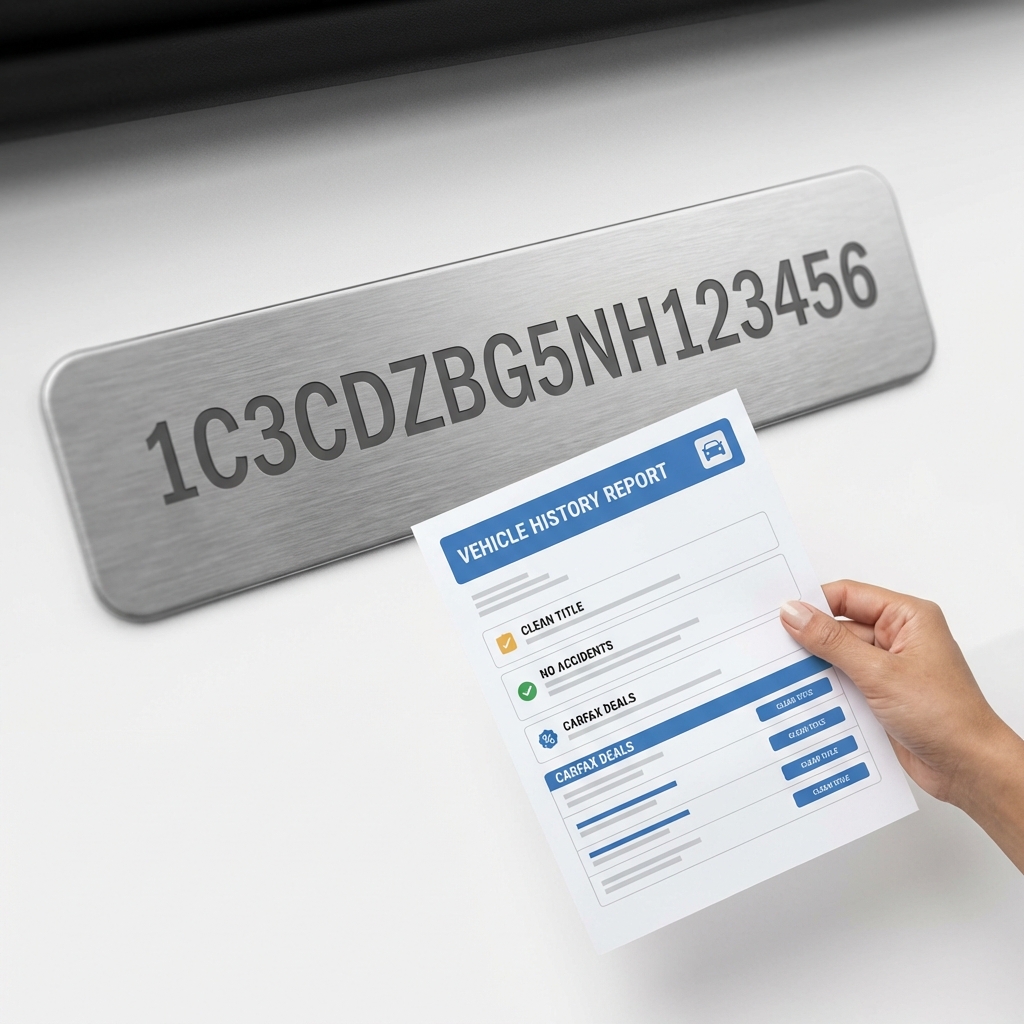 Close up of a VIN plate on a Dodge Charger with a person holding a printed vehicle history report on a clean white background used chargers near me