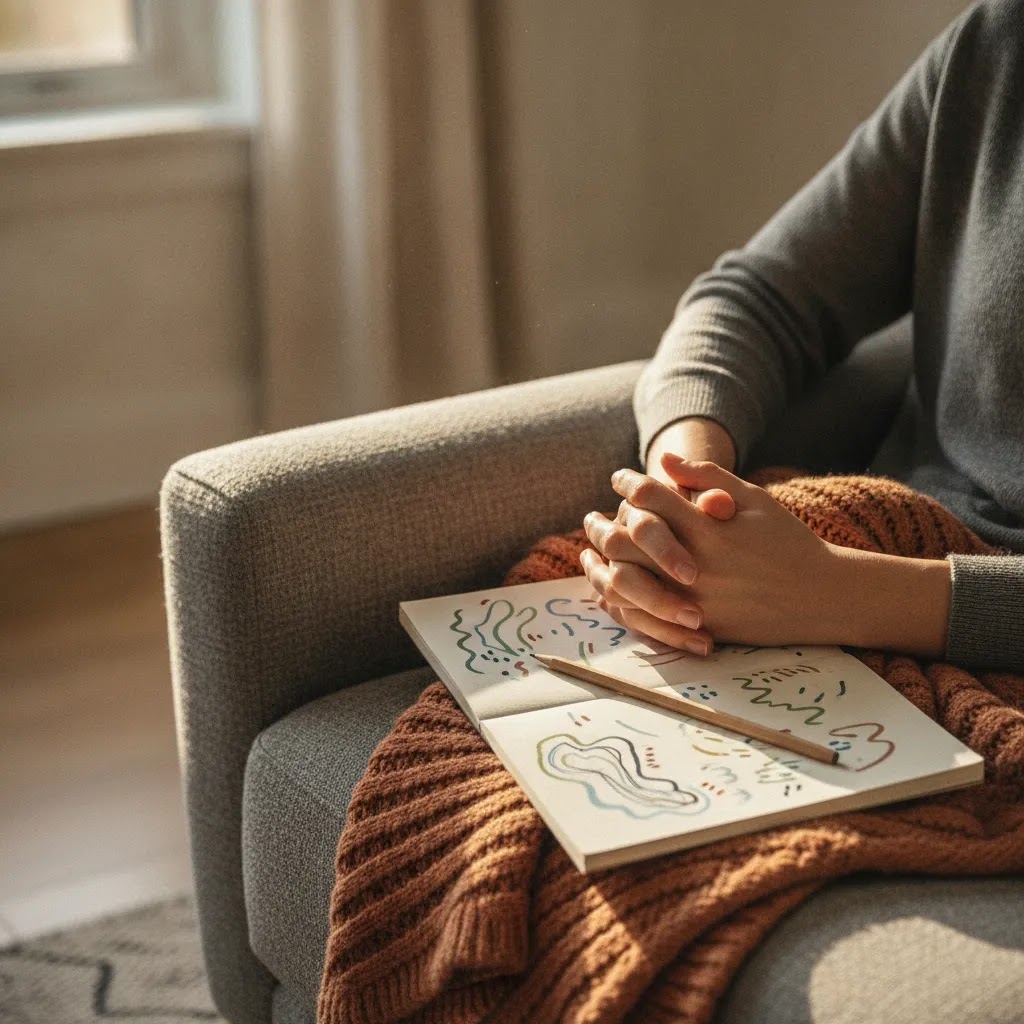 What stress level means shown through a calm reflective journaling moment at home