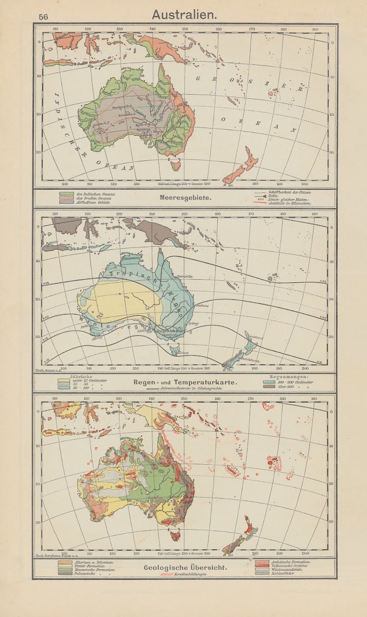 Australien Meeresgebiete  Regen  und Temperaturkarte  Geologische Übersicht 1930