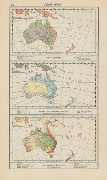 Australien Meeresgebiete  Regen  und Temperaturkarte  Geologische Übersicht 1930