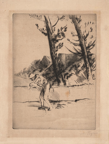Traveler with pole over shoulder
