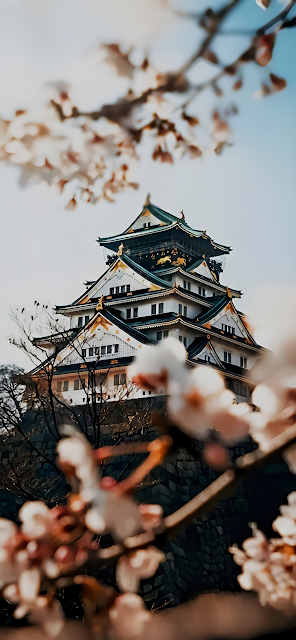 Traditional Japanese Castle Amidst Blooming Cherry Blossoms - Free mobile Wallpaper