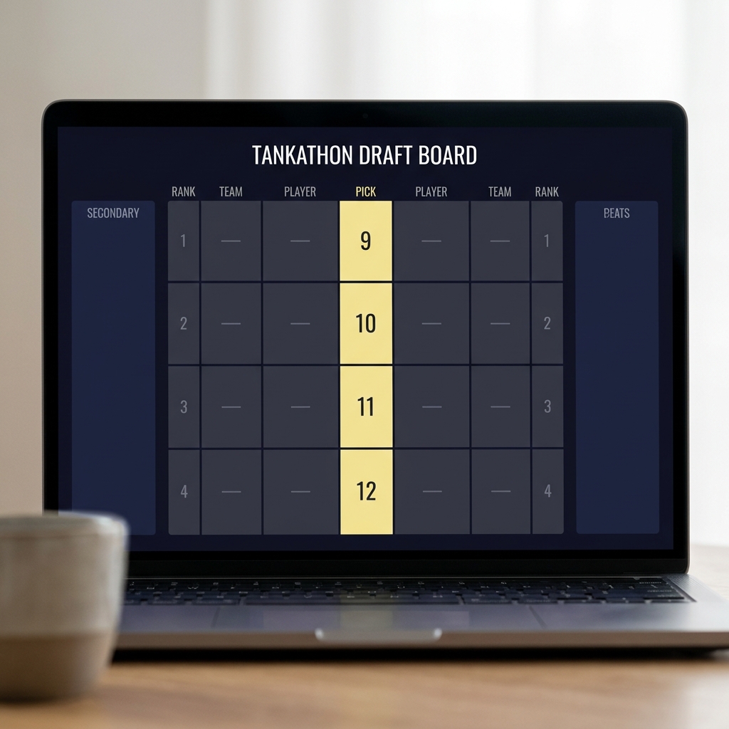Close up laptop screen showing Tankathon draft board with picks 9 to 12 highlighted in accent tone clean minimal Funded Plays style bulls bucks prediction