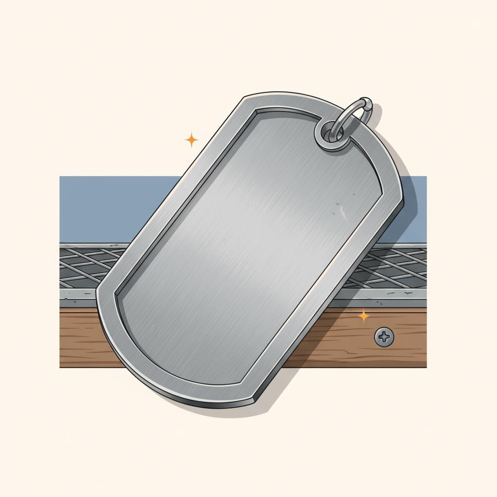 Close-up einer nicht lesbaren Gravur auf einem gebürsteten Edelstahl-Dog-Tag auf hellem Hintergrund, minimalistisches Design, geschenkideen für sportler, Farben #FAFAFF, #0044CC und #ff9800.