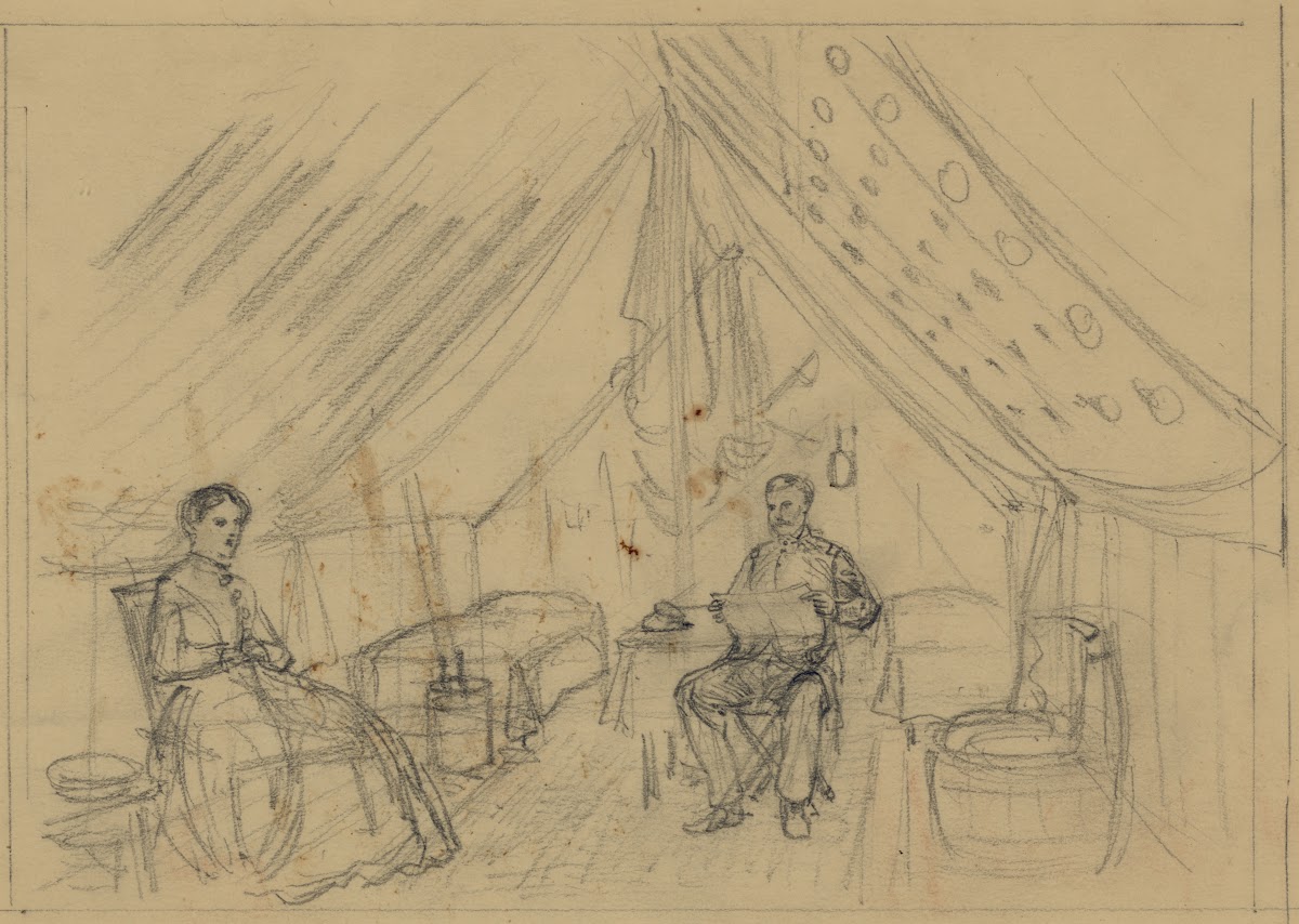 An officer and a woman sitting in a tent 1860 1865