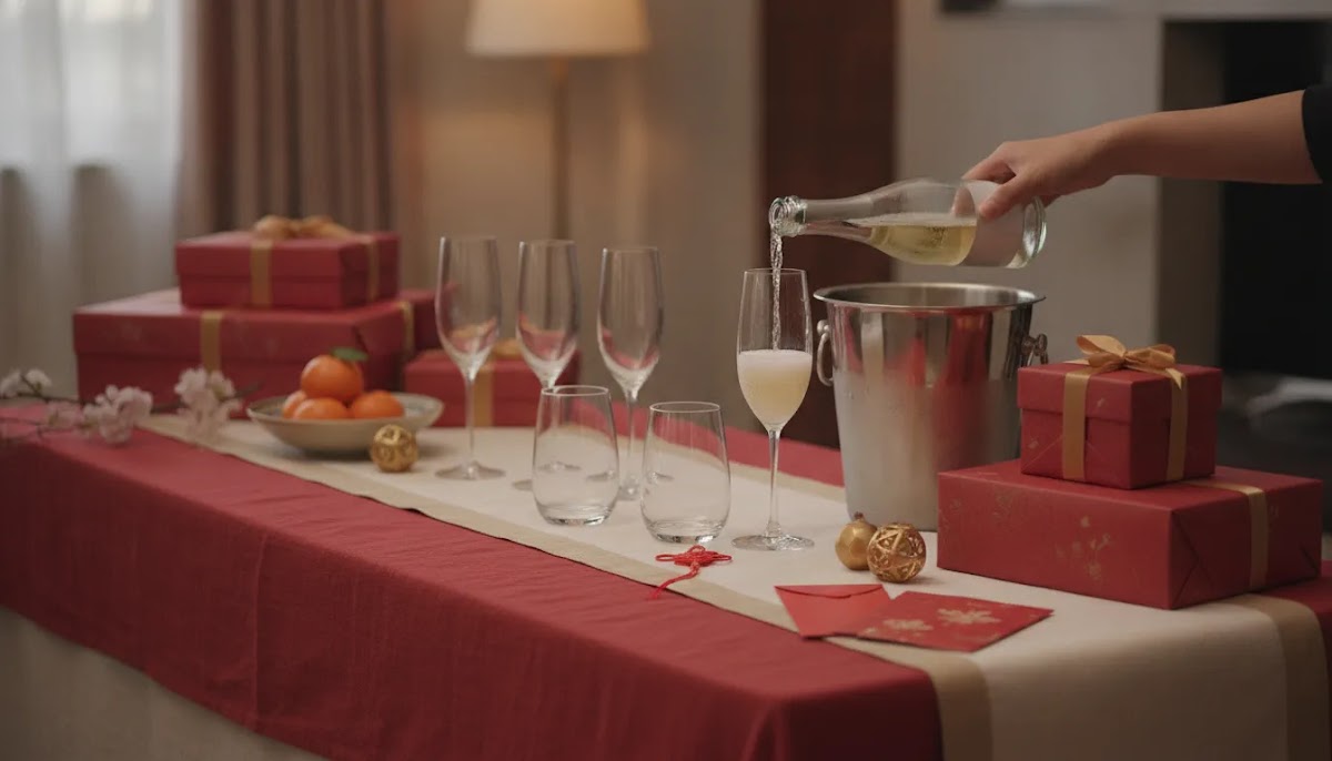 Refined gifting scene for wine gifts for lunar new year with elegant sparkling wine service