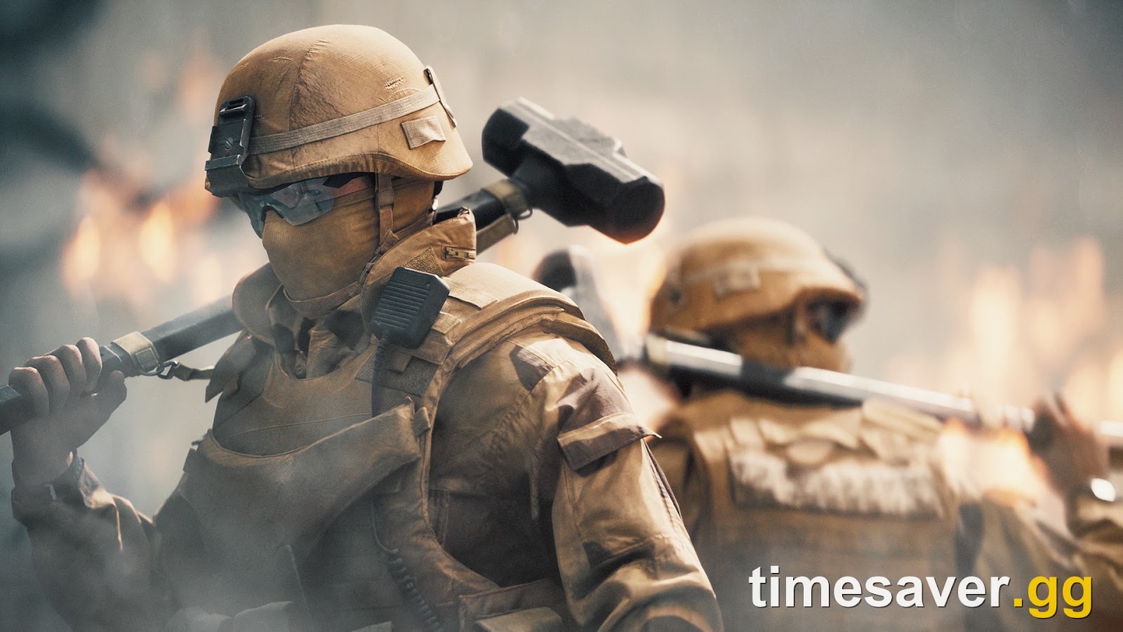 Battlefield 6 screenshot of two soldiers in tan helmets, face coverings and heavy body armor carrying a sledgehammer and a breaching bar through fire and smoke