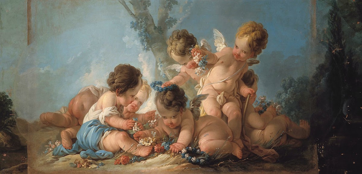 Groupe de six Amours jouant avec des fleurs 1761