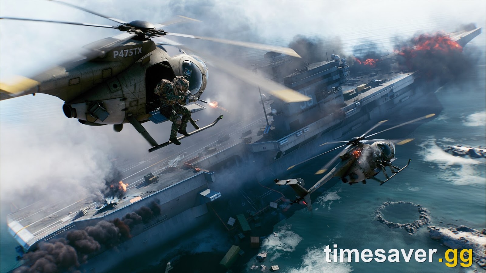Battlefield 6 REDSEC naval battle screenshot with two attack helicopters strafing a burning aircraft carrier