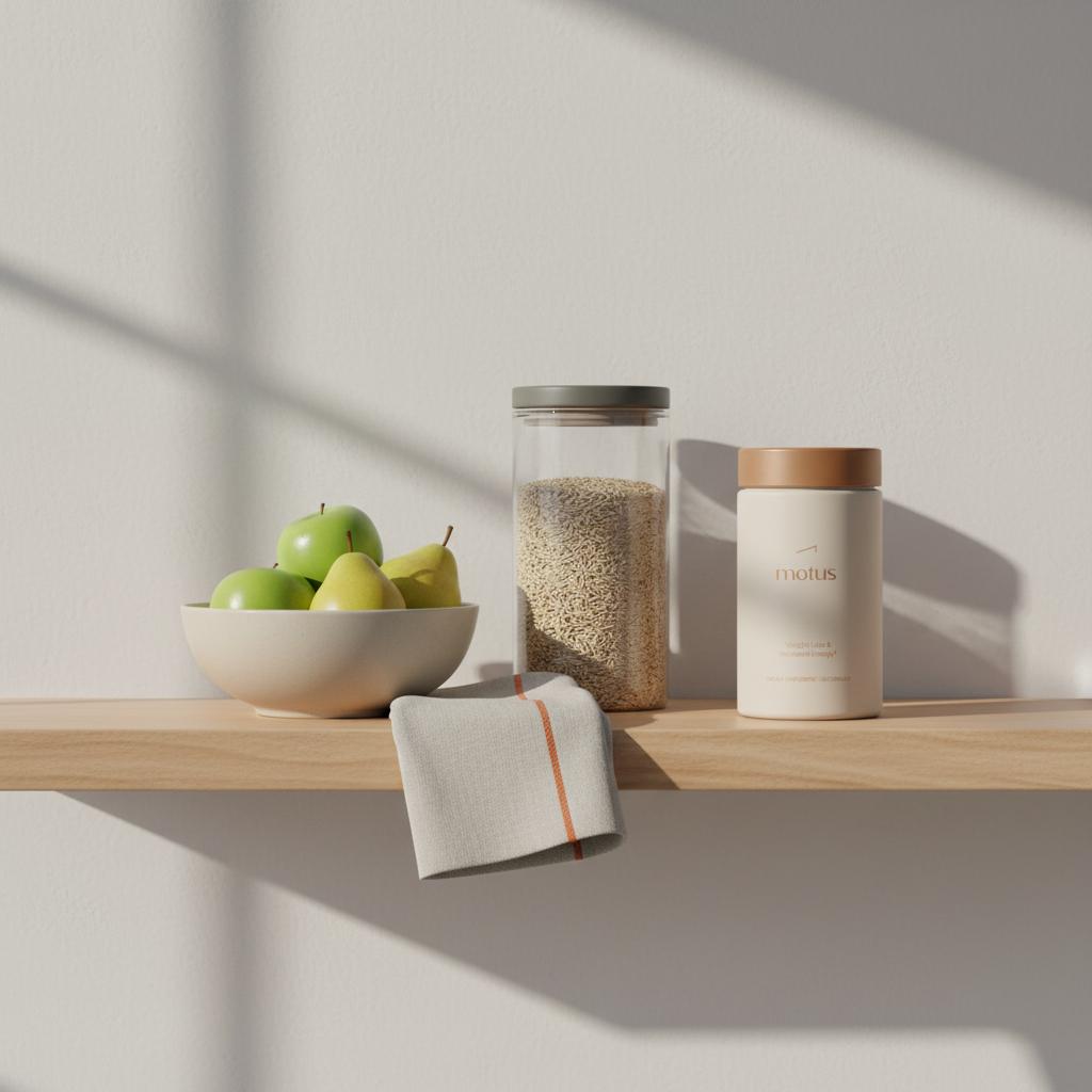 Minimalist kitchen shelf photo with the Tonum Motus supplement container from reference next to a bowl of produce and a jar of brown rice, conveying practical daily balance. 5 4 3 2 1 grocery rule