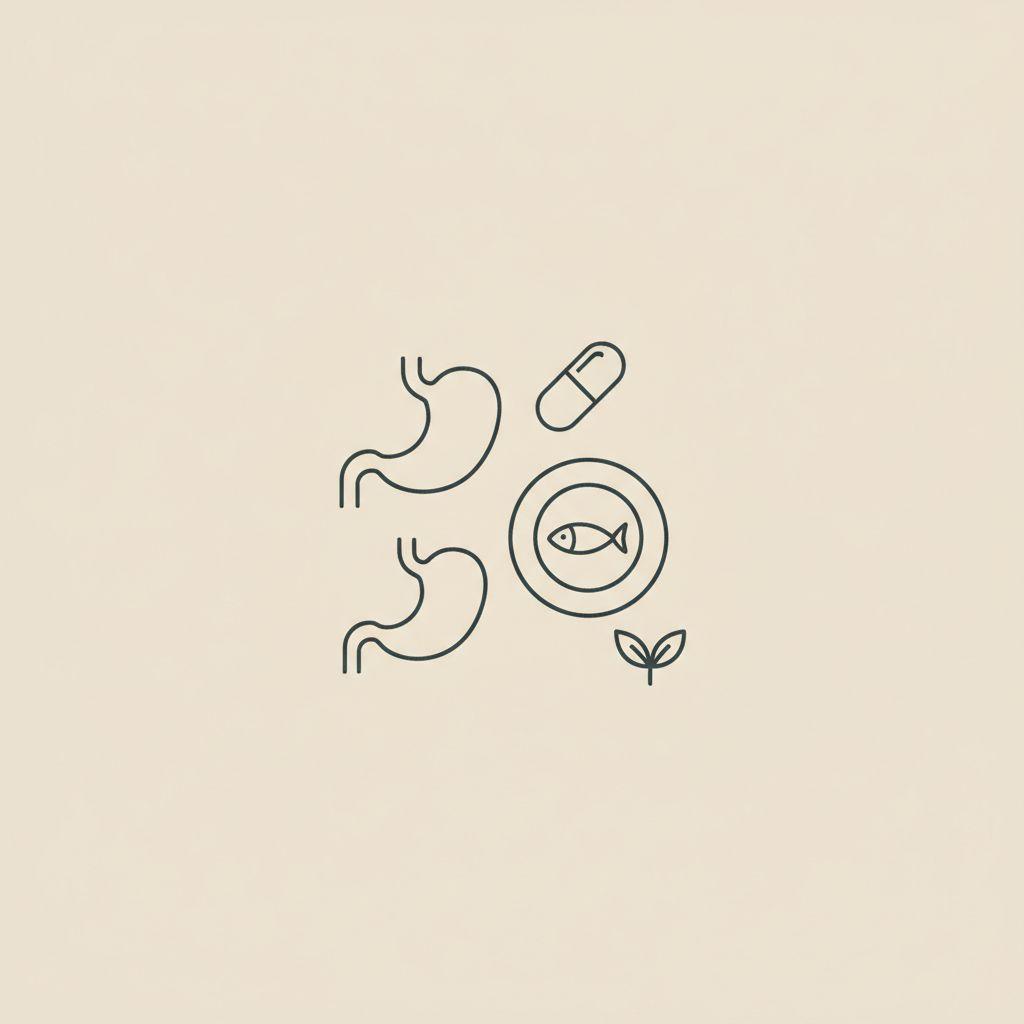 Minimalist Tonum-style line illustration of a stylized gut, plate with protein, capsule, and small plant on a beige background to increase GLP-1 naturally