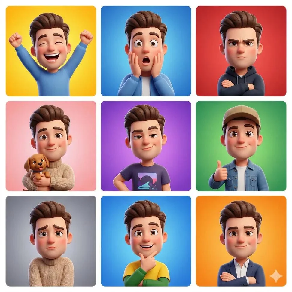 Personaje avatar de dibujos animados en 3D que muestra diferentes emociones dispuestas en una cuadrícula de 3x3, mismo personaje masculino con cabello marrón...