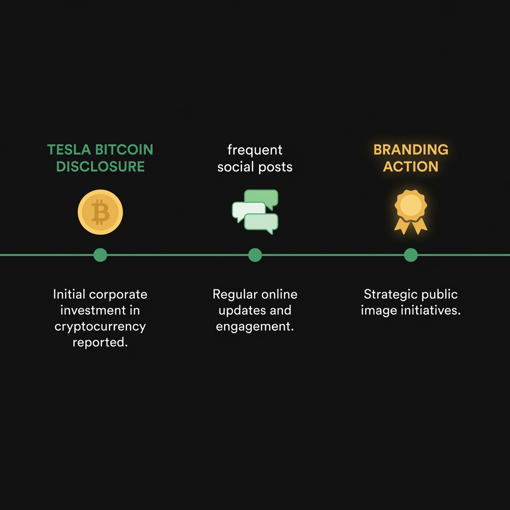 Minimalist timeline with Tesla Bitcoin disclosure frequent social posts and a branding action on a dark Finance Police background highlighting a coin in market