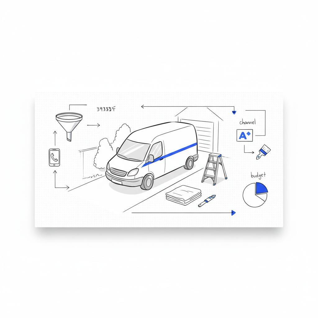 Notebook-style 2D vector sketch of a tidy work van in a residential driveway with drop cloths and ladder, minimalist Agency Visible colors &mdash; how do i advertise my painting business