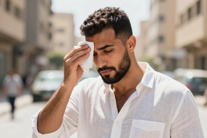 رجل يشعر بالحرارة ويمسح جبهته في يوم صيفي