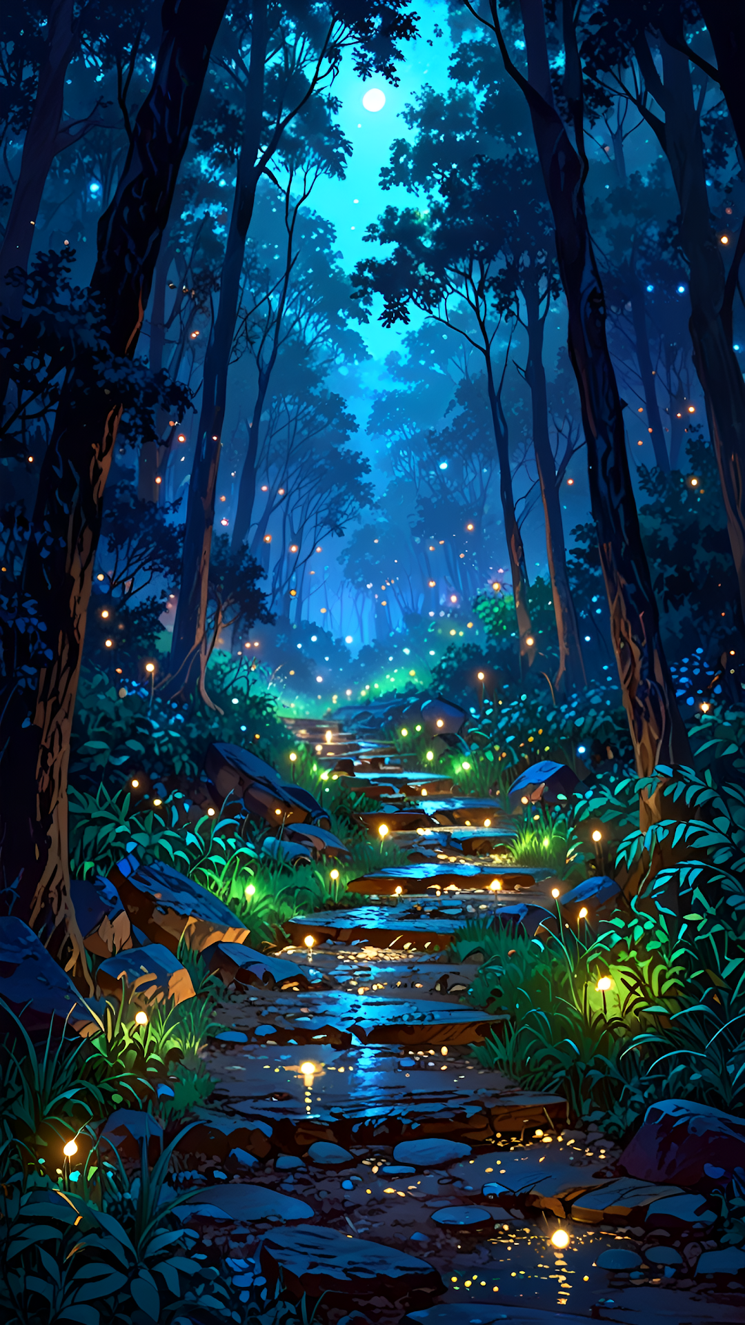 Enchanted Forest Path Glowing with Fireflies Under Moonlight - Free 4K mobile Wallpaper