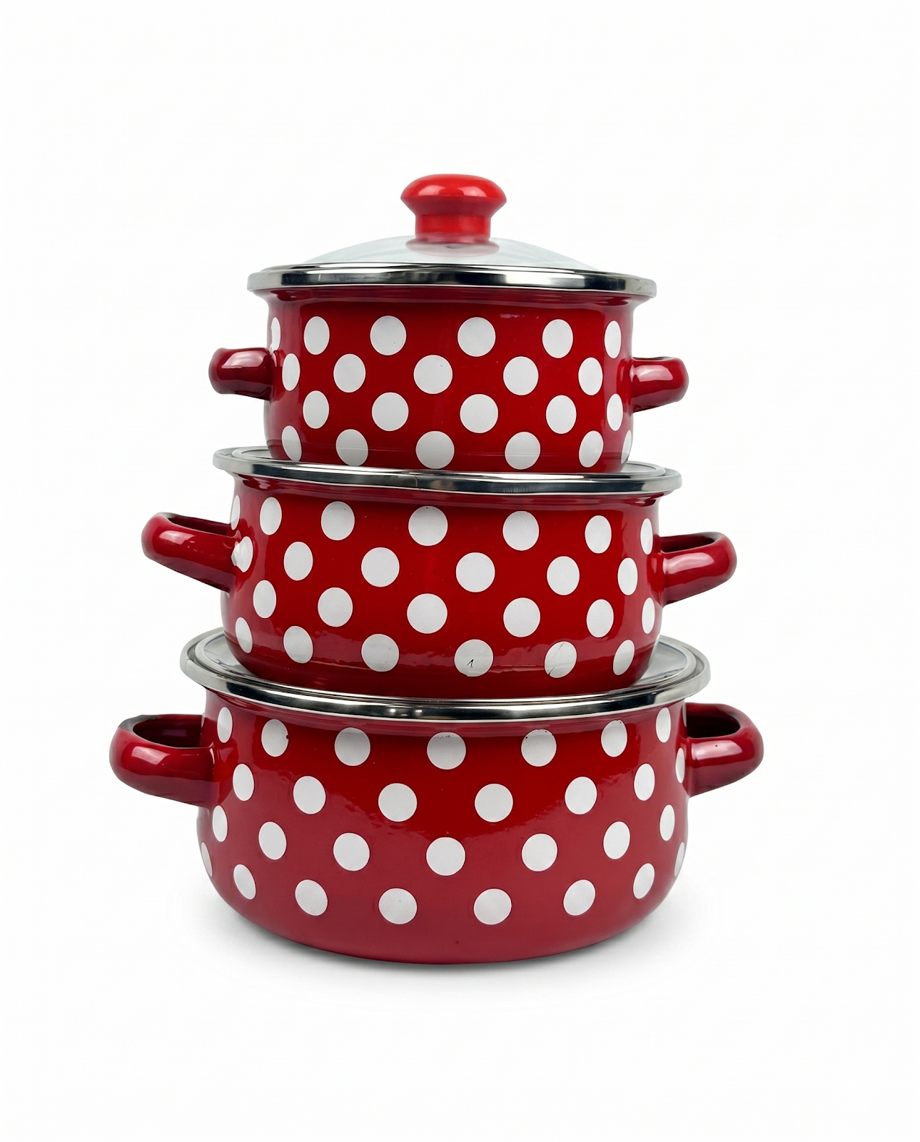 Juego De Ollas En Peltre Roja De Puntos Blancos X3Pcs De 12/14/16Cm-0.5/0.8/1.2Lts
