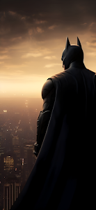 Dark Knight Vigilante Overlooking Gotham City at Golden Sunset