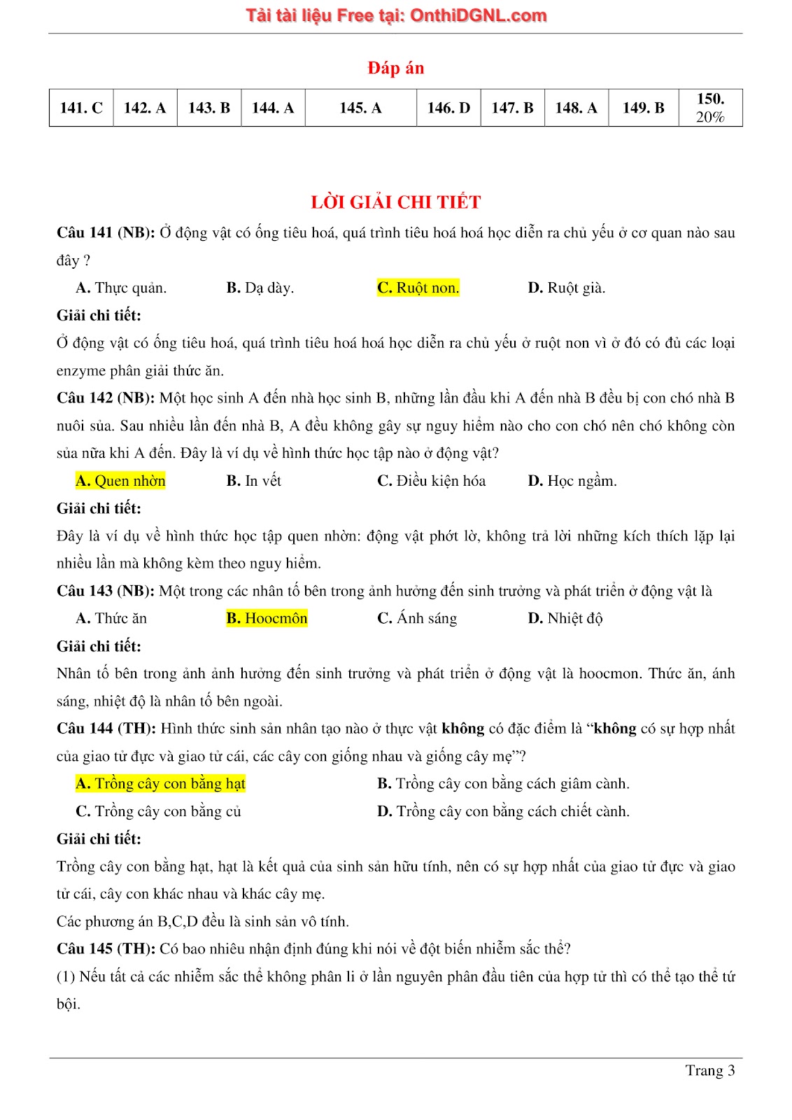 150 bài tập môn Sinh học - Ôn thi ĐGNL ĐHQG HN Phần 12