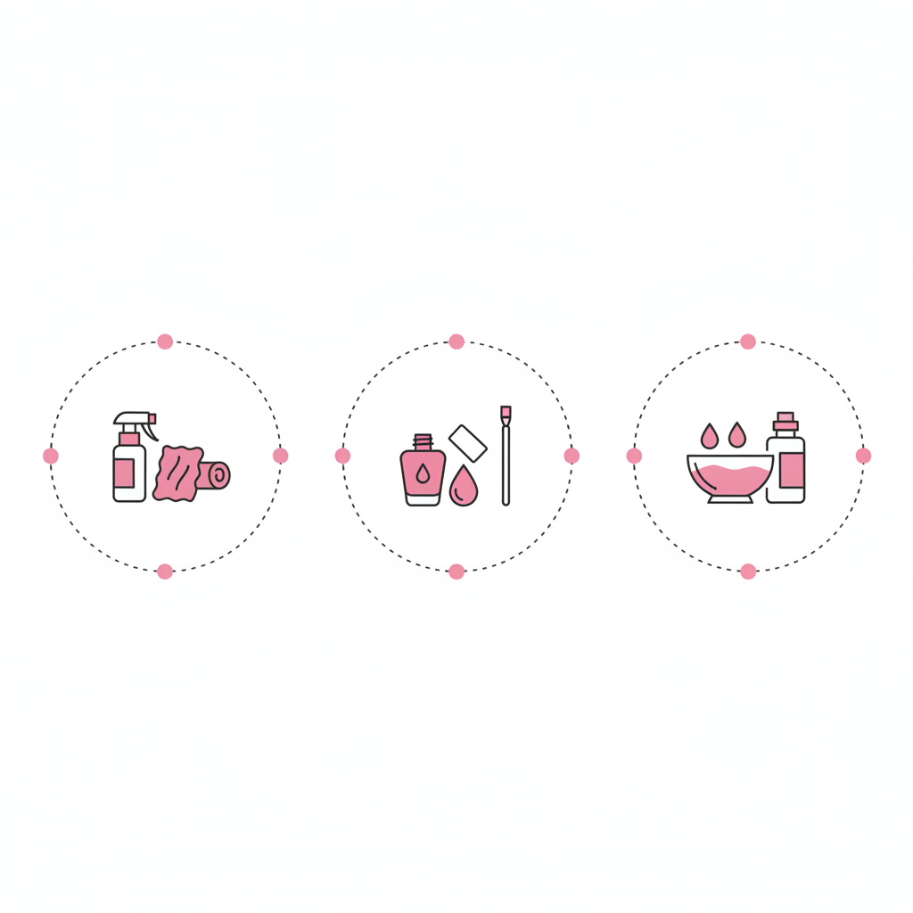 Minimalistische 2D-Vektor-Infografik mit drei Icons für Vorbereitung, Auftragen und Entfernen im NailX-Stil, gellnails starter kit