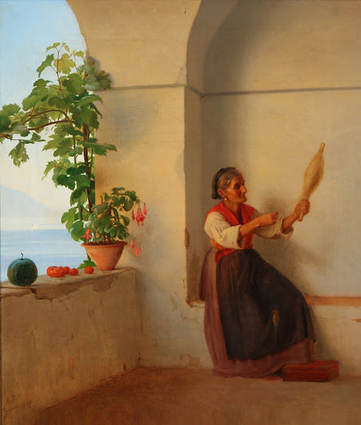 Gammel kone med en ten siddende i en italiensk loggia 1860
