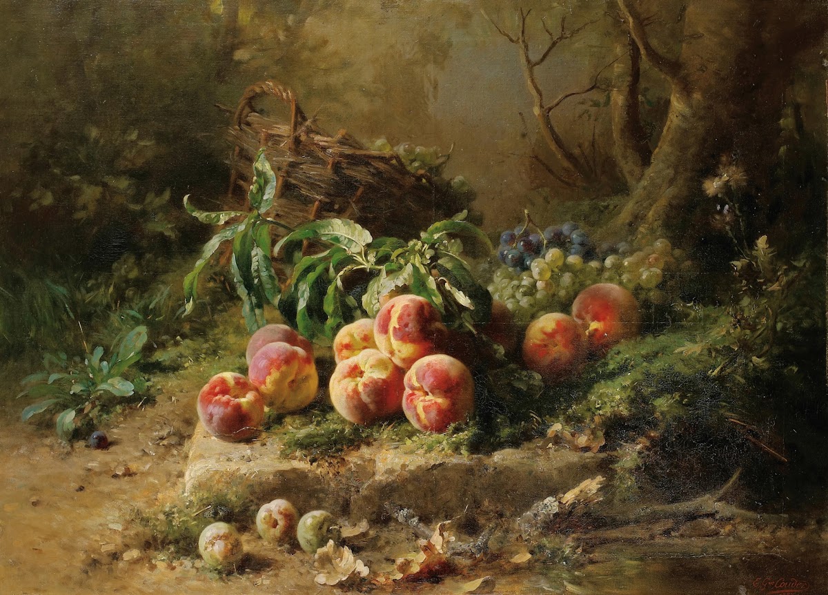 Pêches et panier de raisin dans un sous bois 1887