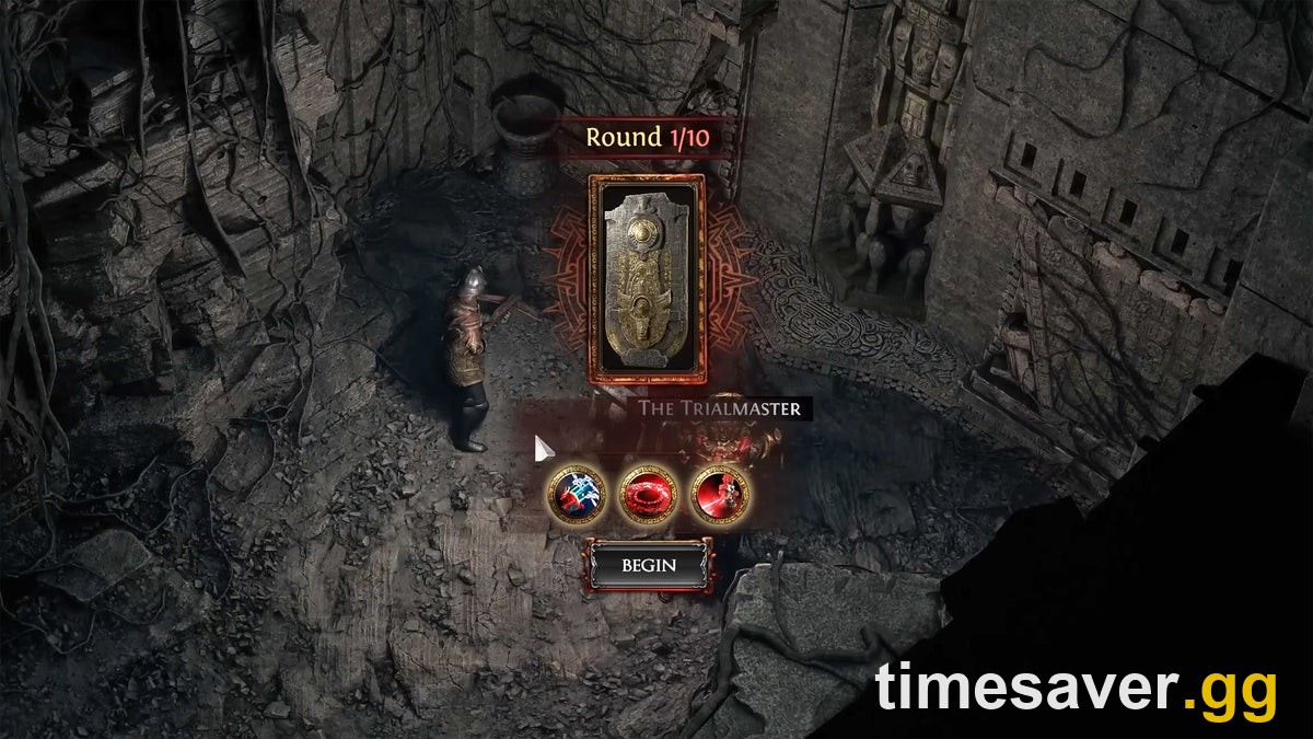 The Trial of Chaos round 1 of 10 affliction modifier-choice screen in Path of Exile 2, showing three modifiers before Begin