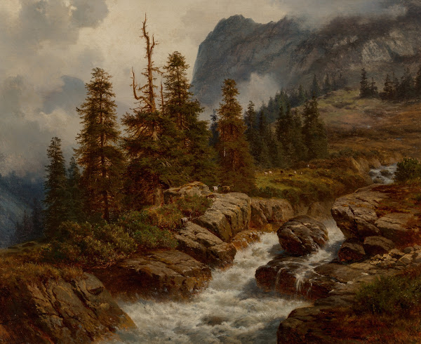 Goats by an alpine stream