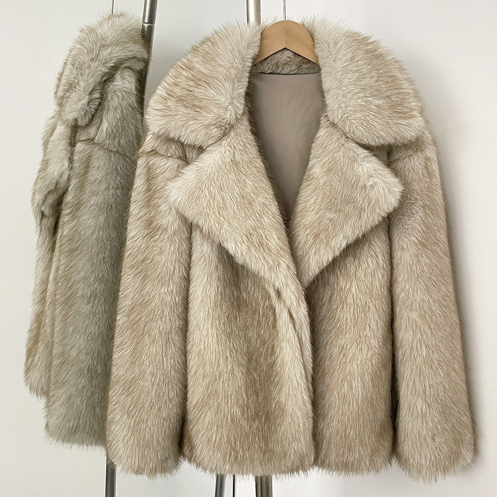 Women's faux fur coat with shawl collar, mid-length