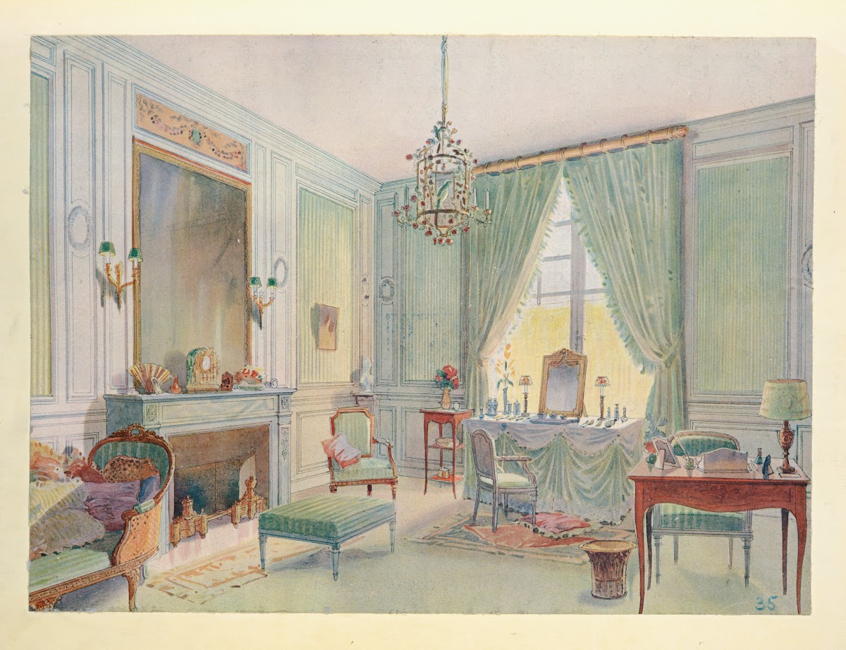 Boudoir cabinet de toilette Louis XVI avec chaise longue 1907
