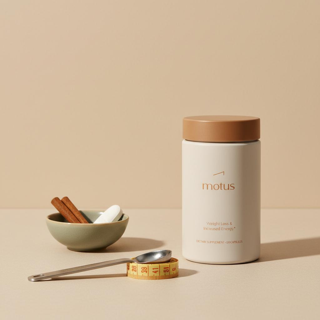 Tonum Motus supplement container on a beige countertop next to a tape-measured spoon, bowl with cinnamon sticks and a magnesium tablet — supplements to lower blood sugar