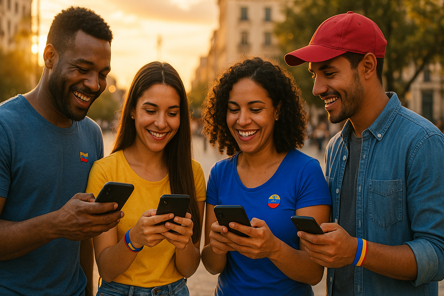 Venezolanos en el exterior coordinando oportunidades desde sus teléfonos en una plaza urbana