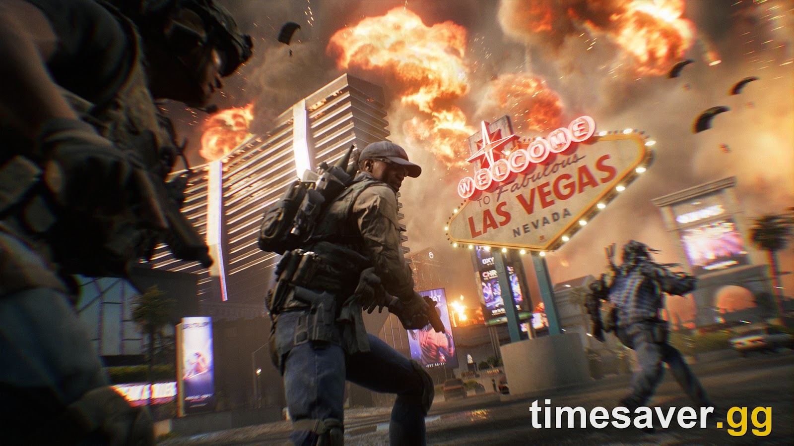 Battlefield 6 Season 5 Rapid Royale screenshot with soldiers fighting on a Las Vegas street under parachutes and explosions