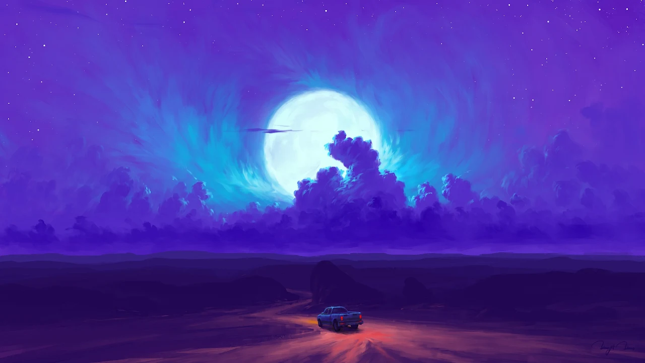 Digital Painting, Landscape, Car, Sky, Clouds Full HD Desktop Wallpaper