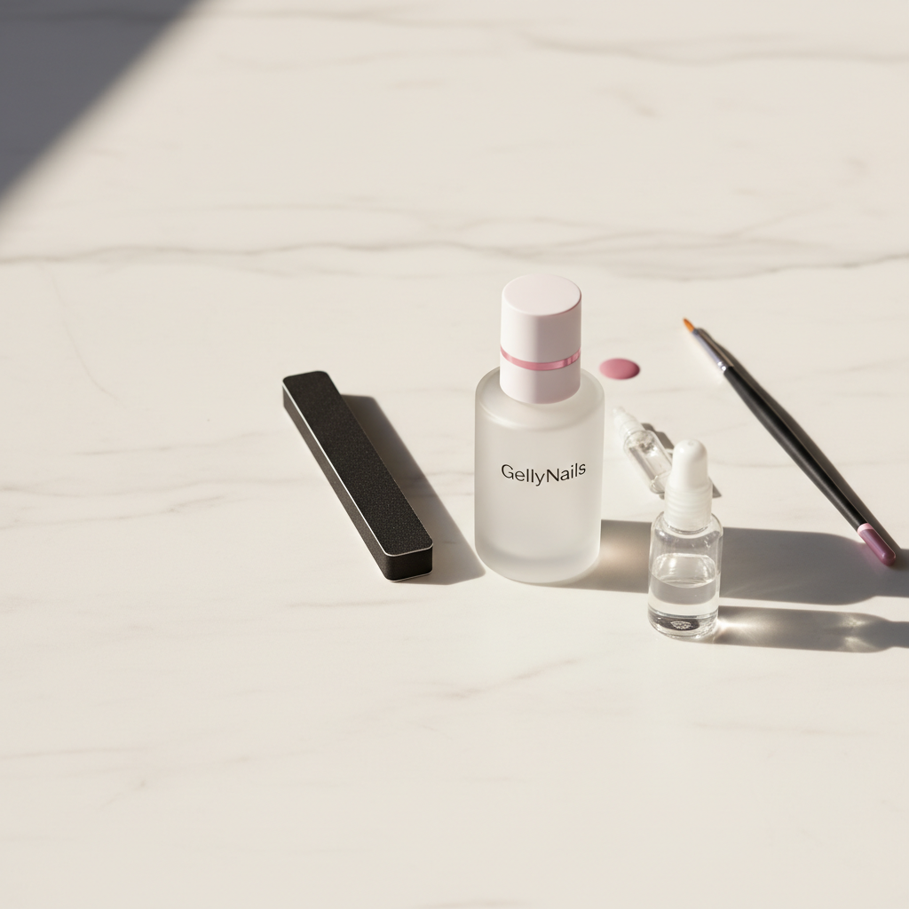 Nahaufnahme eines minimalistischen DIY‑Setups mit GellyNails‑Fläschchen, feinem Buffer, Pinsel und Glas Cleanser auf weißem Marmor, dezente Akzente in #f57fb6