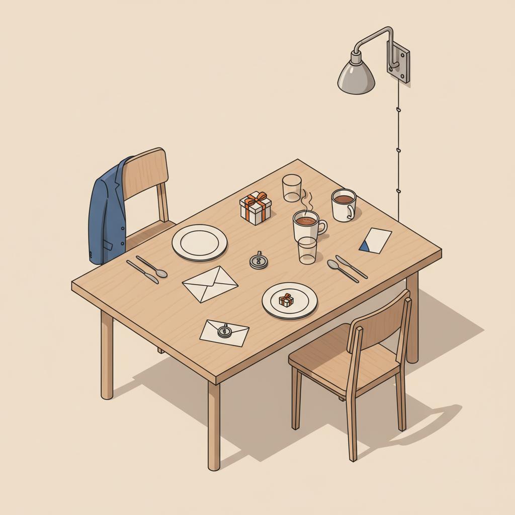 Minimalistisches Stillleben auf Holztisch mit halb geöffnetem Umschlag, Metallanhänger und Tasse – warme, authentische Stimmung; geburtstagswünsche 30 für sie