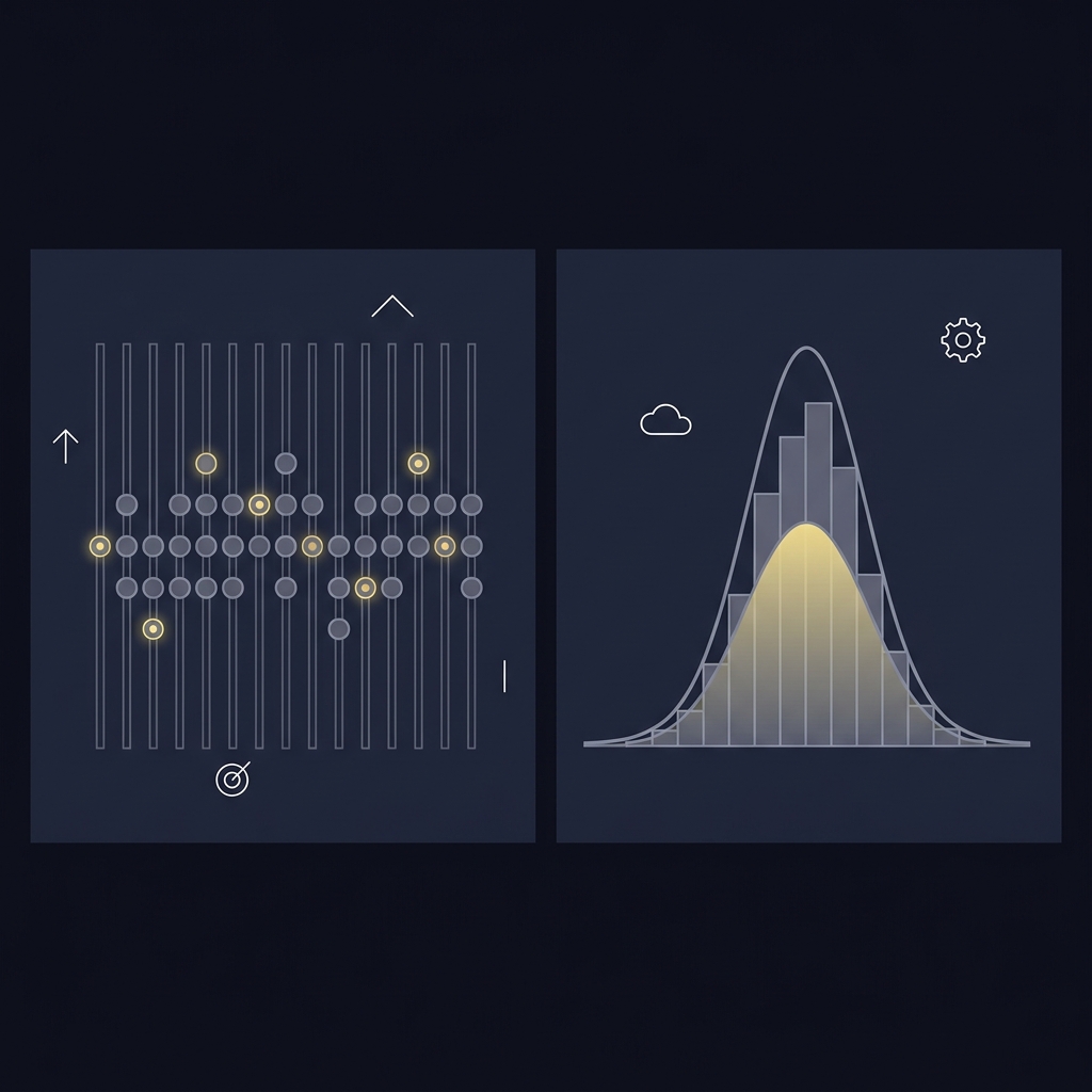 Minimalist vector split image showing a futures odds board on the left and a Monte Carlo probability distribution chart on the right in Funded Plays colors mariners astros prediction