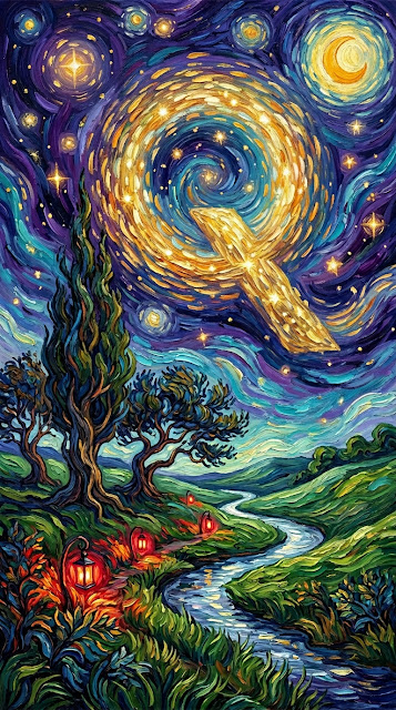 Van Gogh Inspired Starry Night with Indigo Q-Pattern Sky - Free mobile Wallpaper
