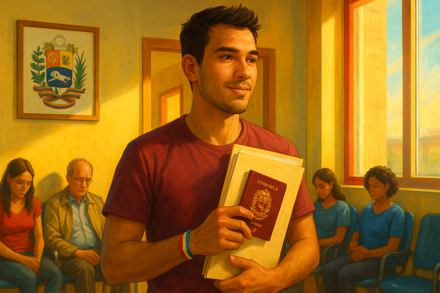 Venezolano en consulado con carpeta de documentos y pasaporte, trámite migratorio