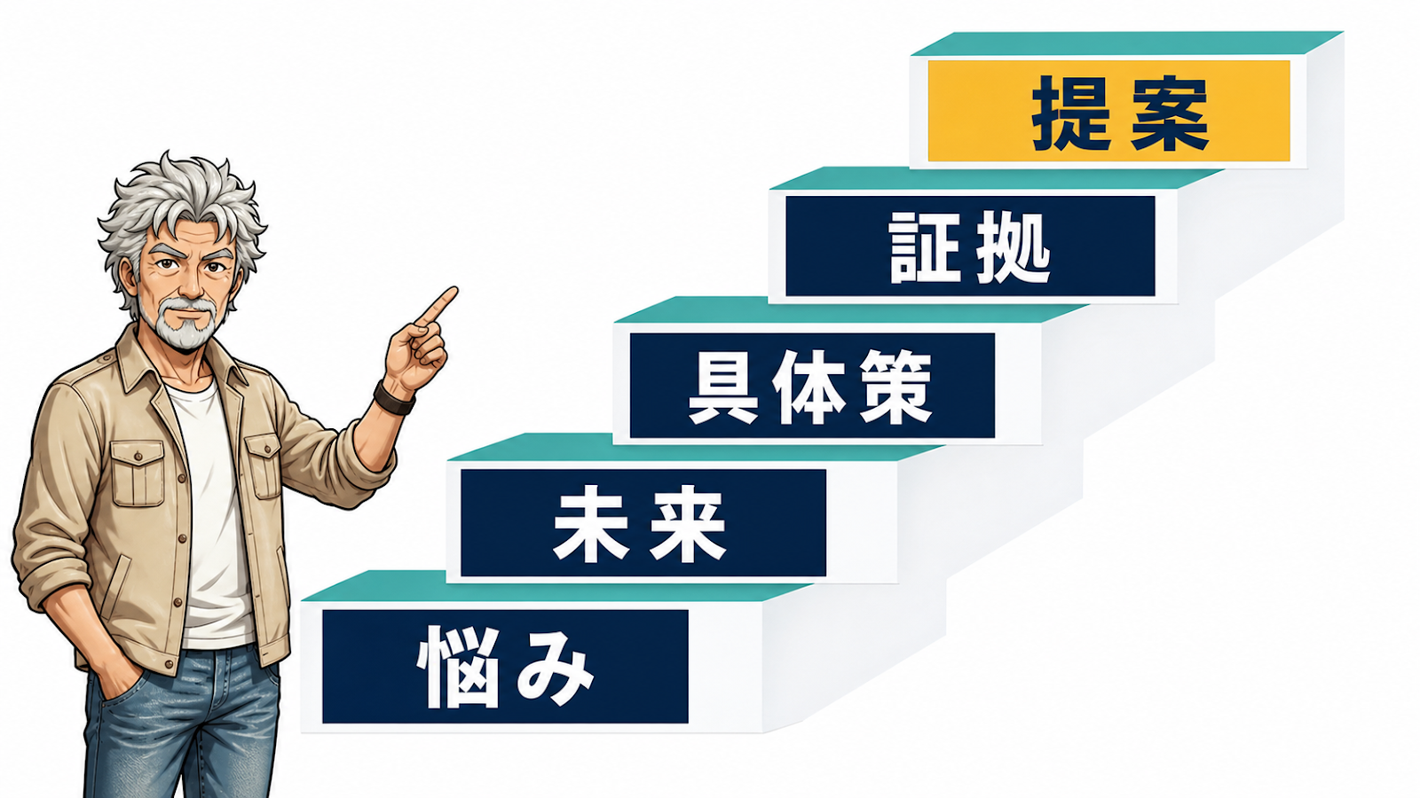教育台本の5段階：悩みの再確認→理想の未来→独自の具体策→証拠→提案と認識が一段ずつ変わる階段