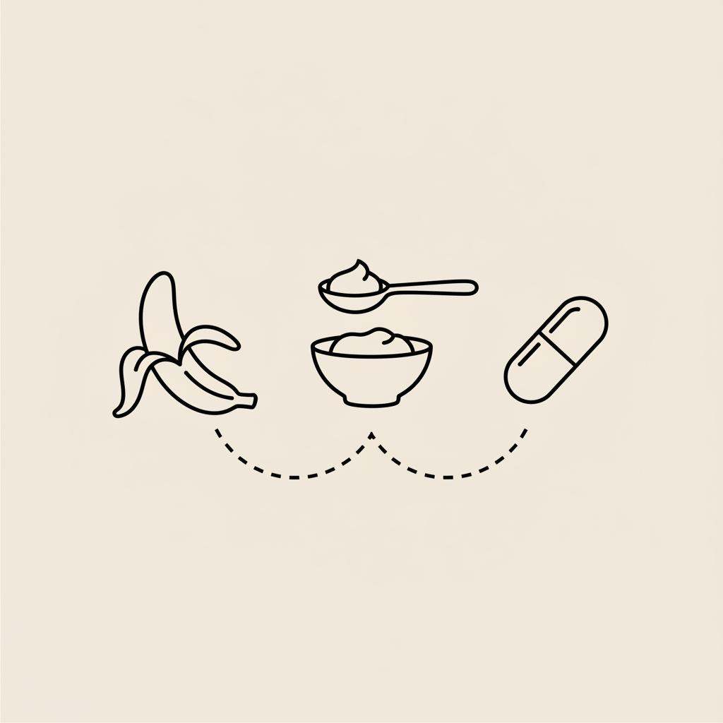 Minimalist line illustration of a banana, spoonful of yogurt, and a capsule connected by a dotted line on beige background, illustrating banana weight loss pairing.
