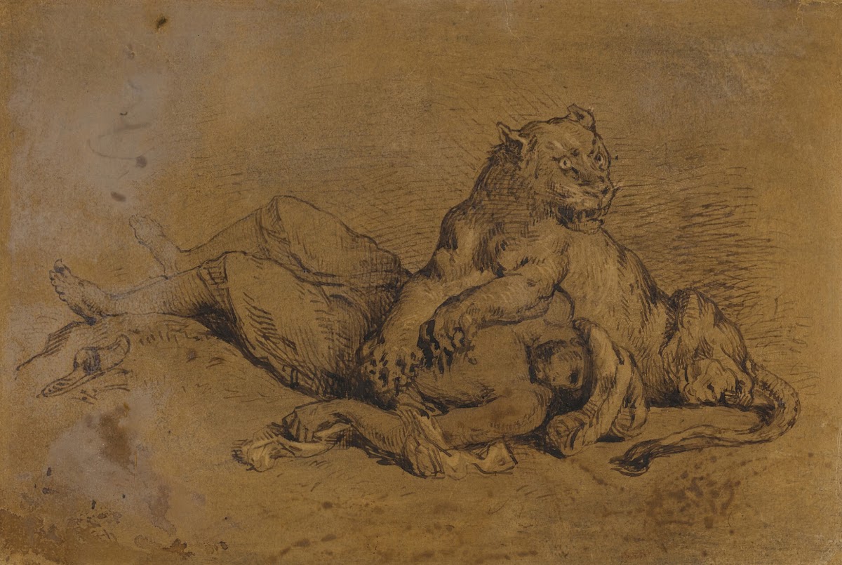 Lionne déchirant la poitrine dun Arabe after Delacroix