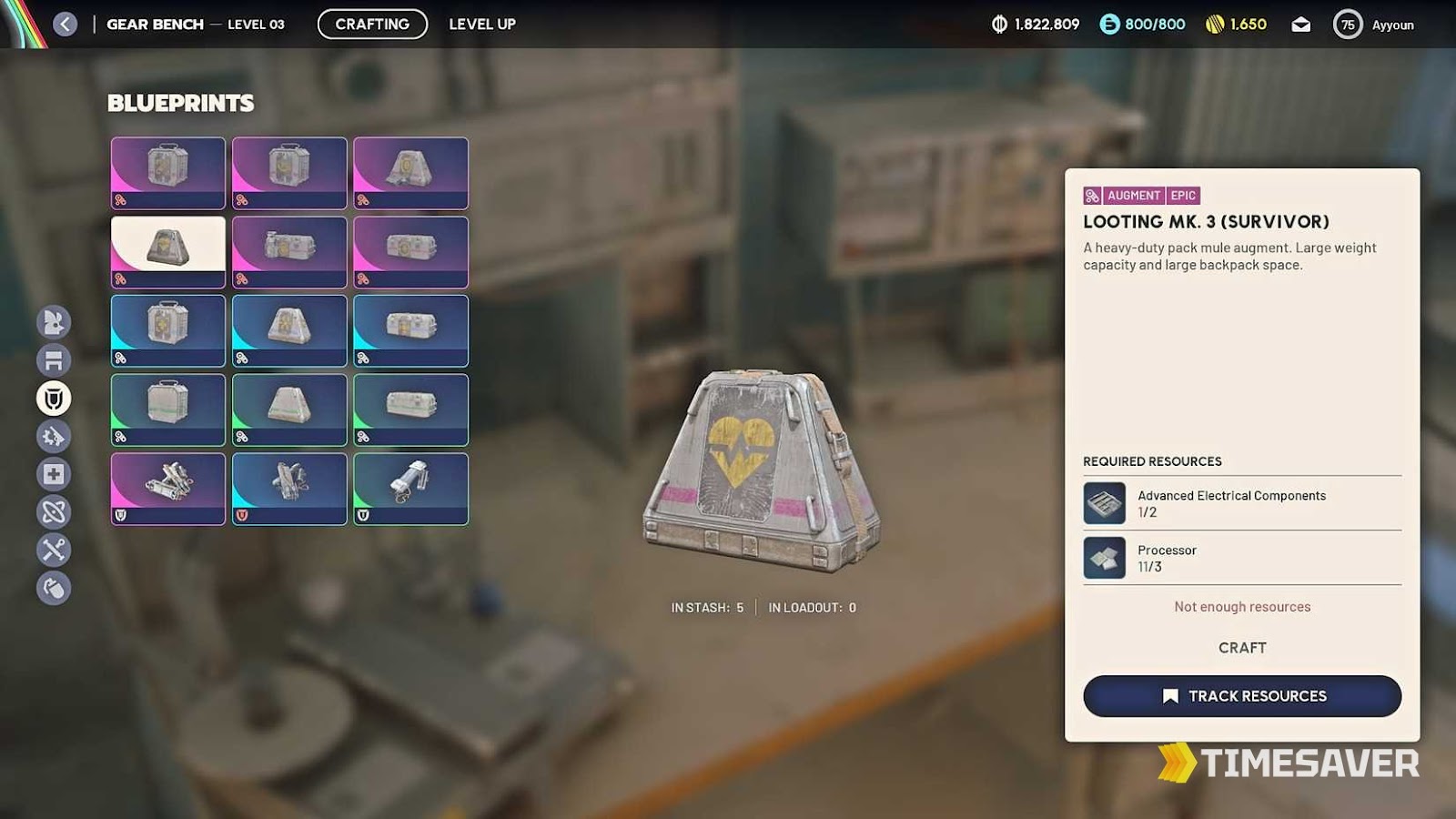 ARC Raiders Gear Bench crafting screen showing the Looting Mk.3 (Survivor) augment selected, marked Epic, with its heavy-duty pack mule description and the Advanced Electrical Components and Processor craft resources