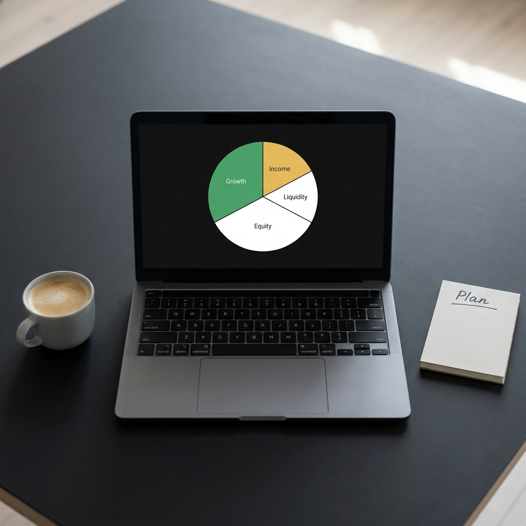 Minimalist tidy desk with laptop showing a four slice portfolio pie chart and a notepad labeled Plan next to a cup of coffee representing types of investments