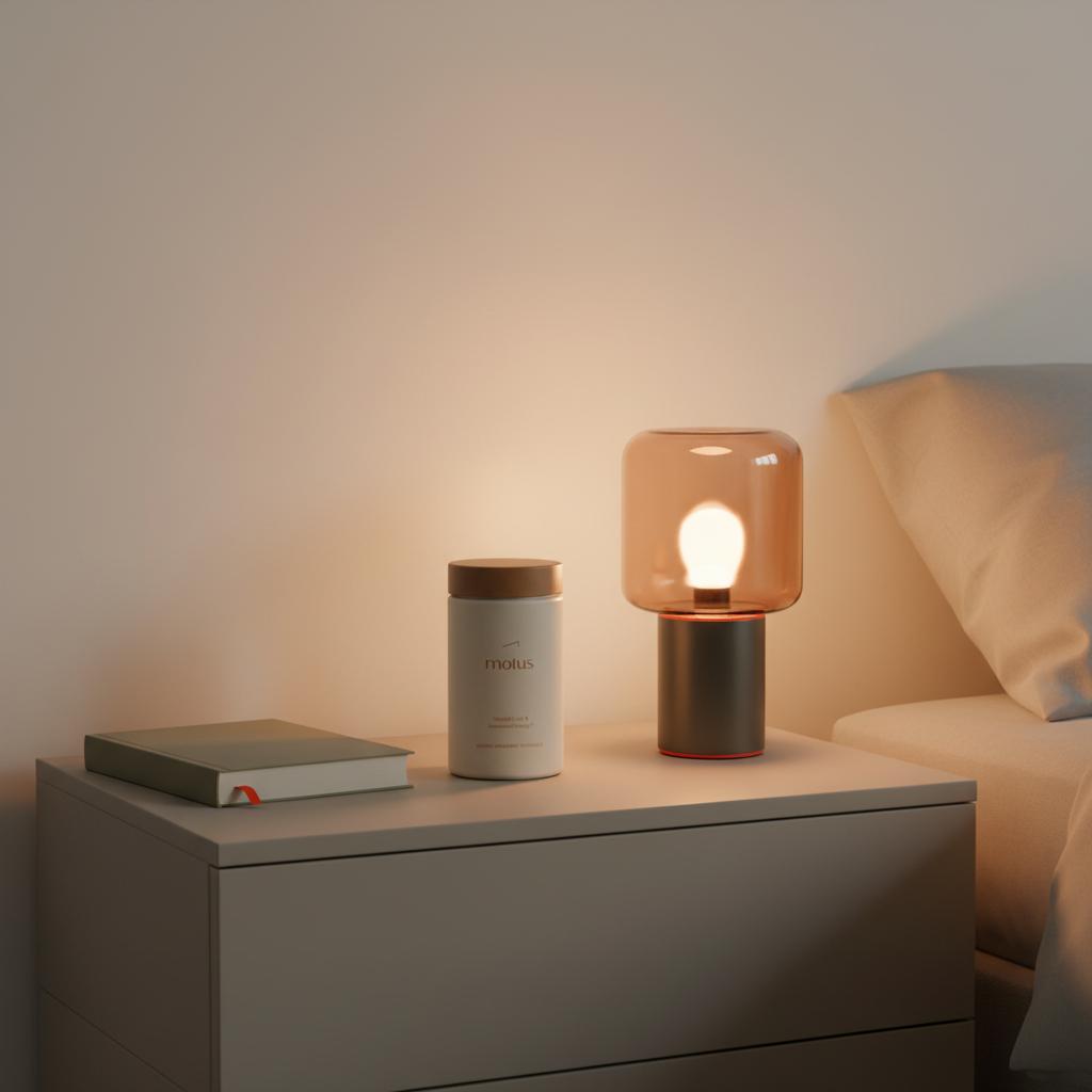 Minimalist bedside vignette with a Tonum supplement bottle labeled Motus on a nightstand beside a closed book and dim amber lamp against a soft #F2E5D5 background, conveying calm vitamin routine.
