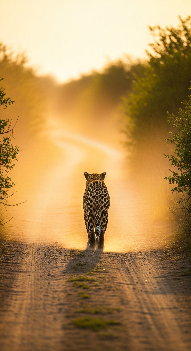 Rear View of a Leopard Walking Down a Dirt Road in African Bushveld at Sunset - Free 4K mobile Wallpaper