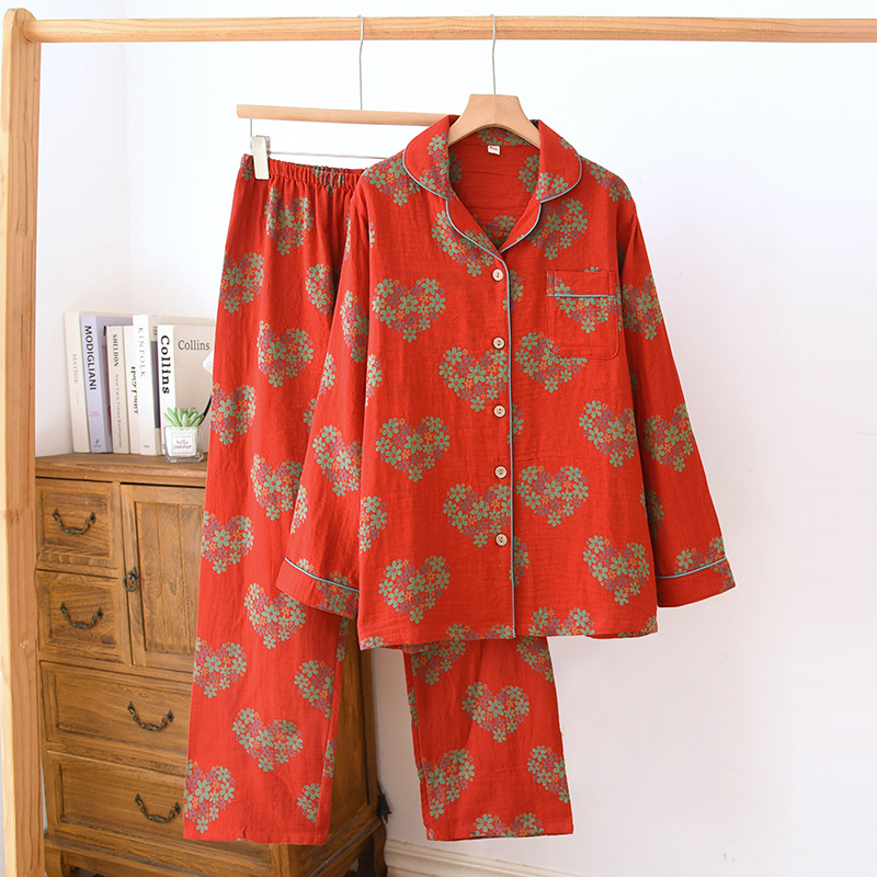 Cotton pajamas, long-sleeved, button placket, women's